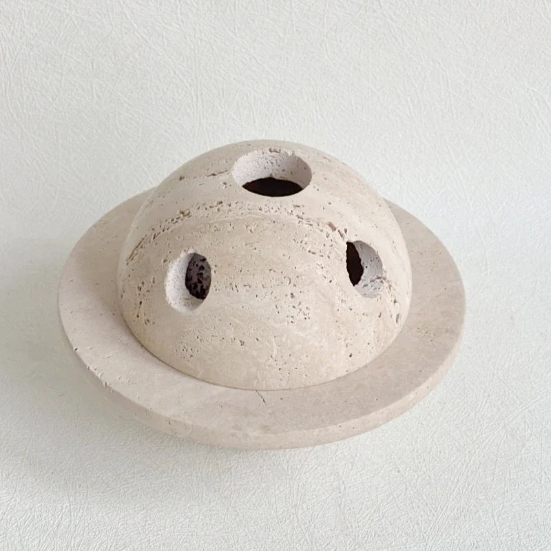 Wabi-sabi Yellow Travertine Stone Decorative 3 Holes Natural Marble Round Ball UFO Shape Incense Burner Home Decor