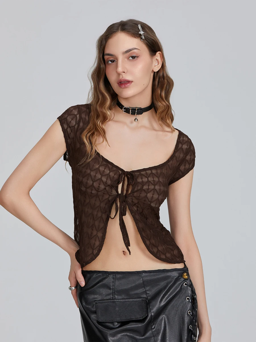 Y2k Women\'s Mesh Crop Tops Cap Sleeve Sweetheart Neck Tie-up Front Slim Fit T-Shirts Aesthetic Clothes