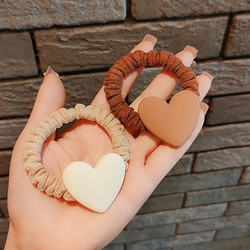 Kawaii Rubber Elastic Hair Bands Tie Bobbles Headwear Coffee Color Simple Floral Heart Rope Headband for Girls Kids Accessories