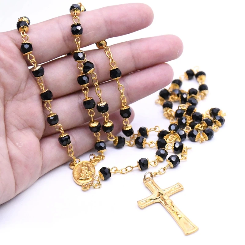 Catholic Jewelry Black Glass Crystal Beads Fatima Cross Pendant Rosary Necklace For Men Women