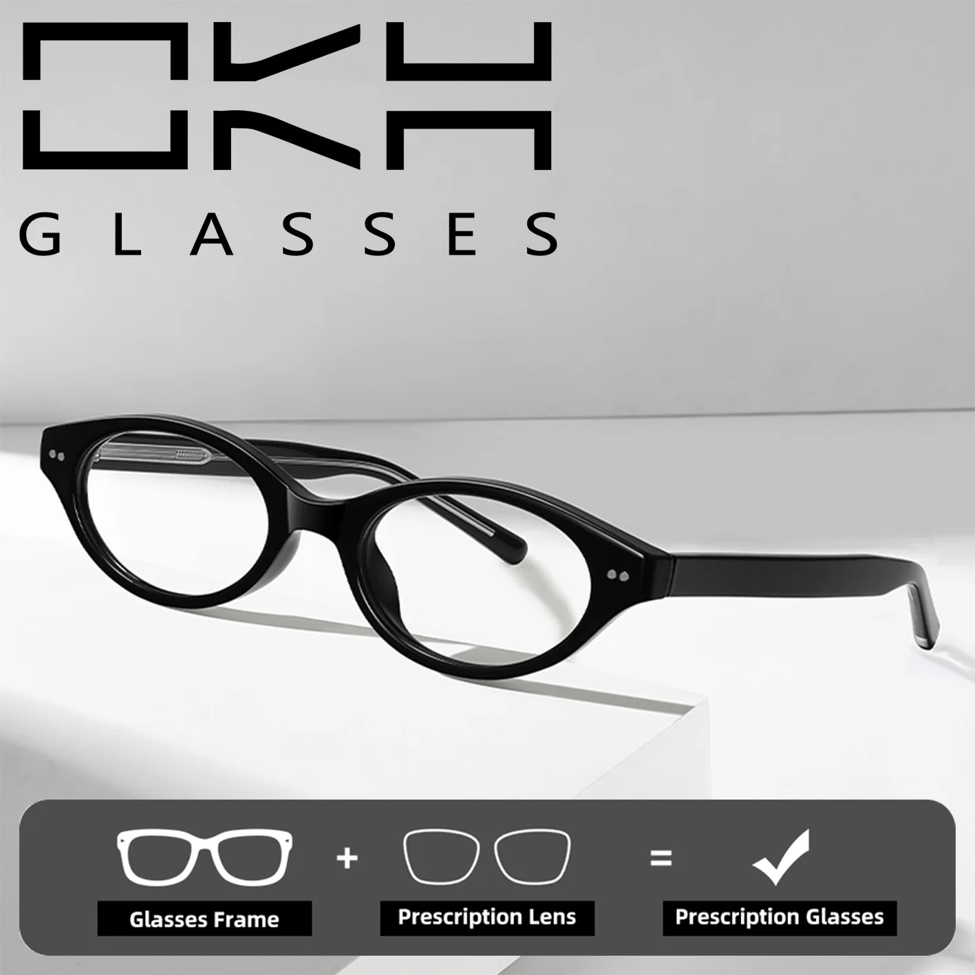 OKH Cat‑Eye Anti Blue Light Prescription Eyeglasses Frame Oval Small Vintage GM Optical Frame for Men Women Office Daily Wear