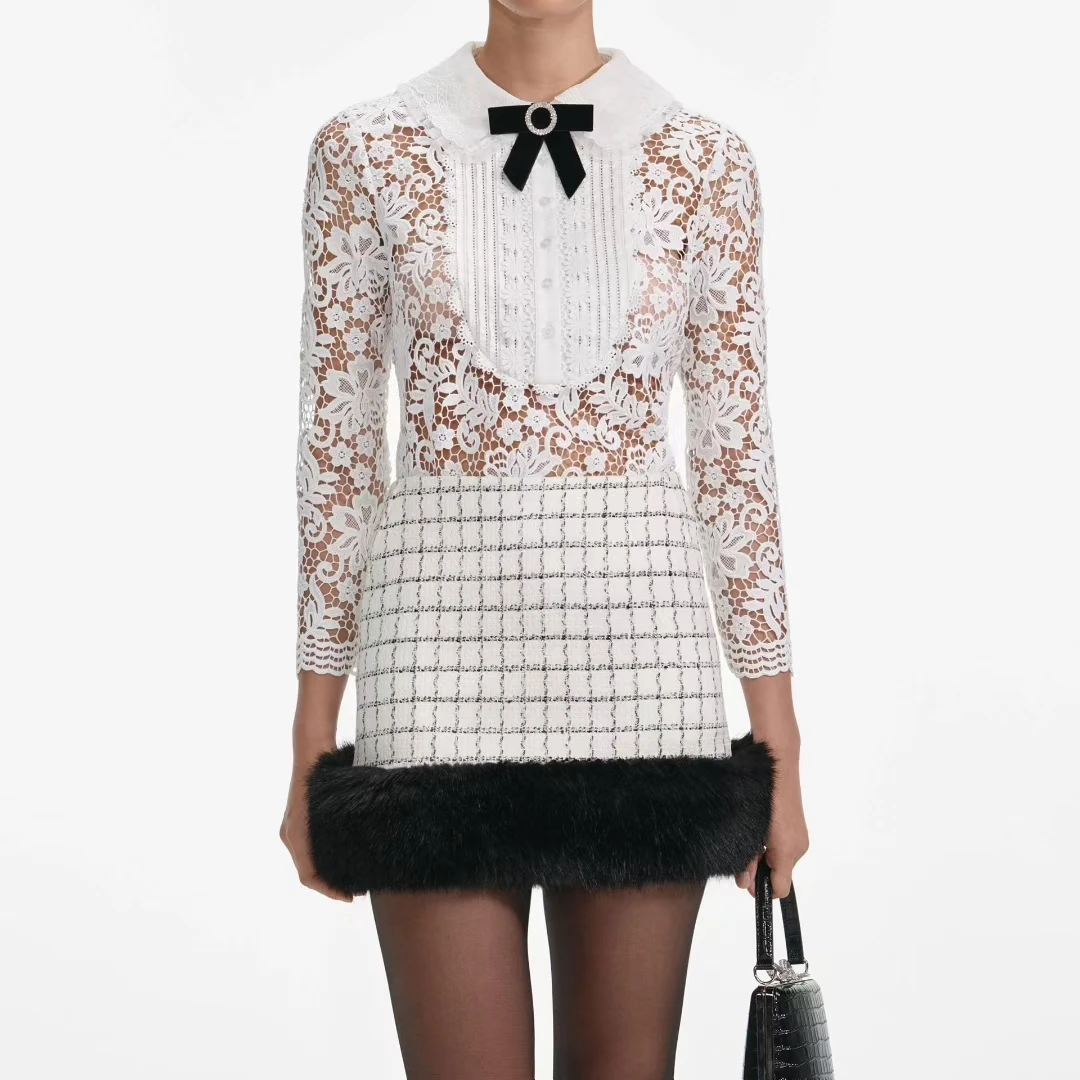 

Women Lace hollow bow top long sleeve peter pan collar shirt tops
