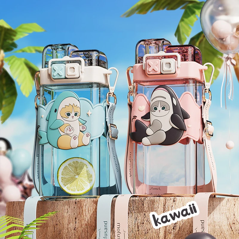 

520ml Mofusand Double Drinking Water Cup Portable Straps Large Capacity Cartoon Figures Square Water Bottle With Straw Gift