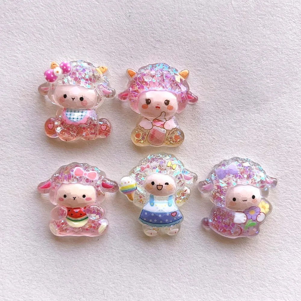 10pcs Mini Kawaii Cute Glitter Sheep Resin Charms Flat Back Cabochons Scrapbook DIY Craft Jewelry Making Hairpin Decor Ornaments