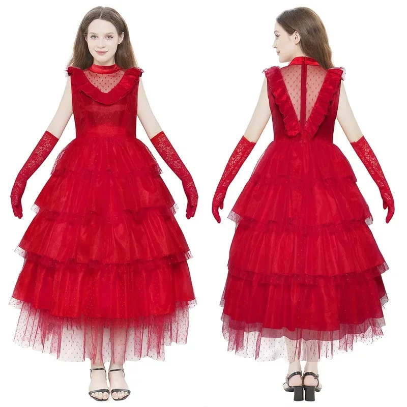 Lydia cosplay costume evening gown outfits Halloween suit Lydia Deetz red wedding dress