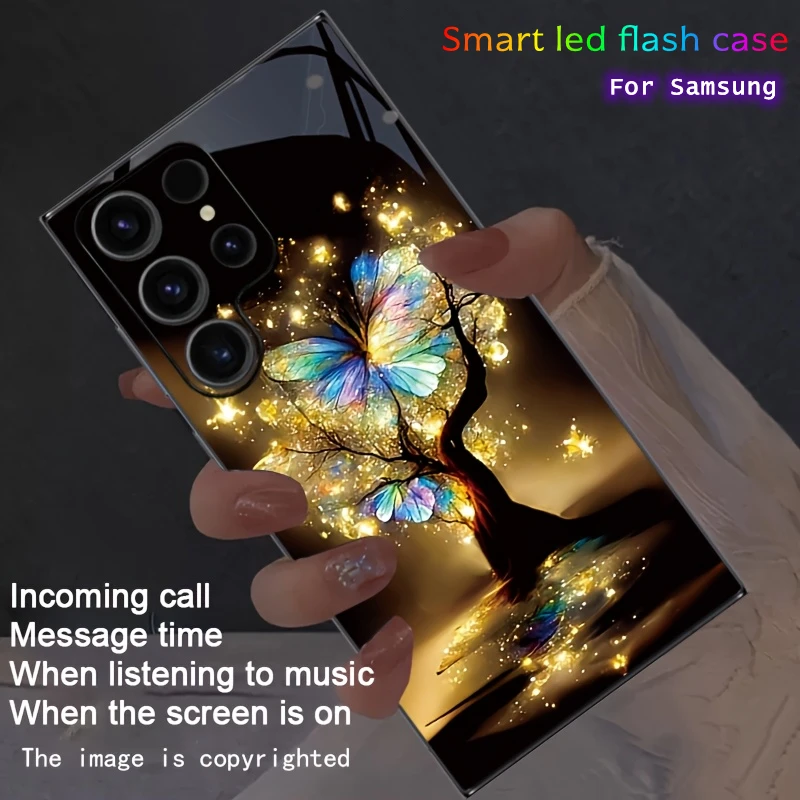

LED Cover For Samsung Galaxy S25 S24 S23 S22 Ultra Plus FE A35 A55 A15 A56 A16 5G Glow Butterfly Tree Glass Phone Case Lighting
