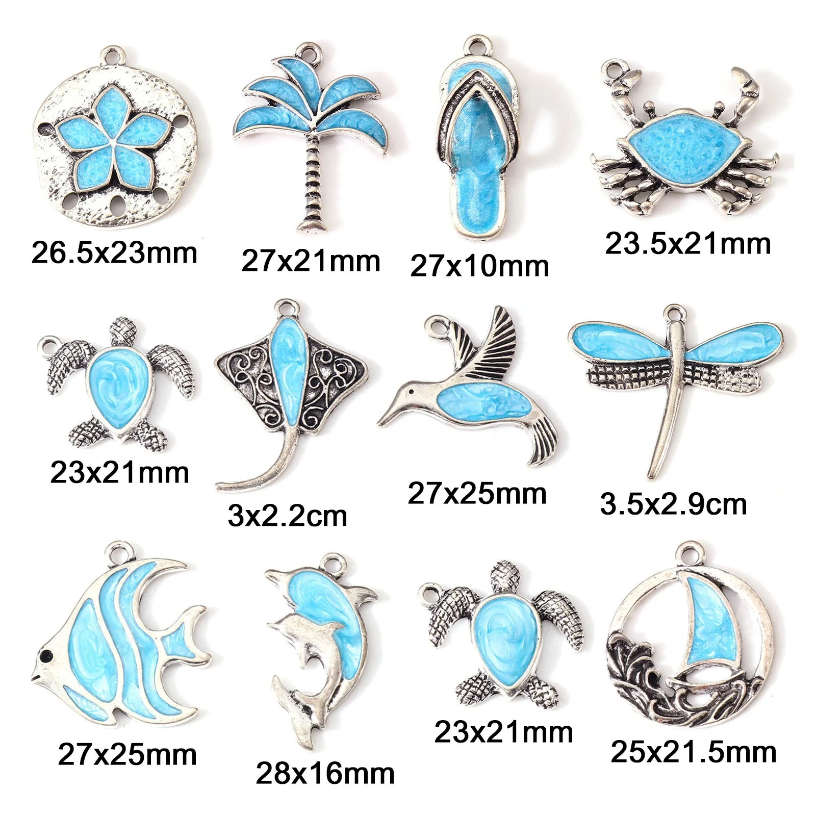 10pcs Bohemian Charms Antique Silver Color Crab Bird Fish Aniaml Blue Enamel Metal Pendants DIY Women Necklace Earrings Jewelry