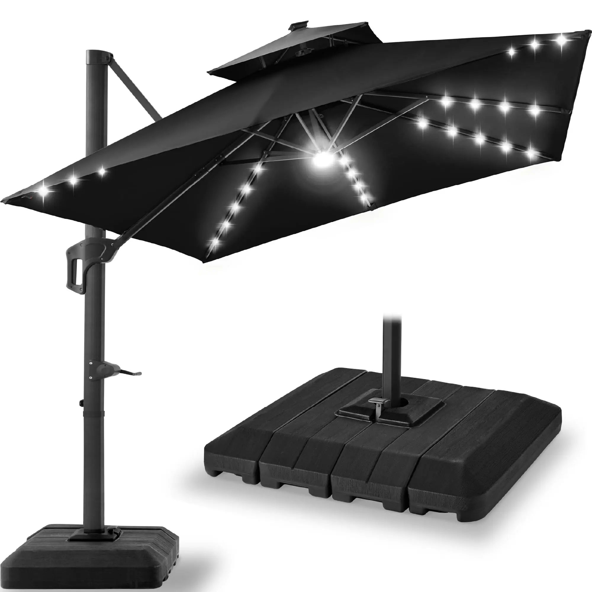 9x12ft LED Cantilever Patio Umbrella w/Base Included & 360° Rotation, Large Solar Offset Hanging Outdoor Sun Shade for
