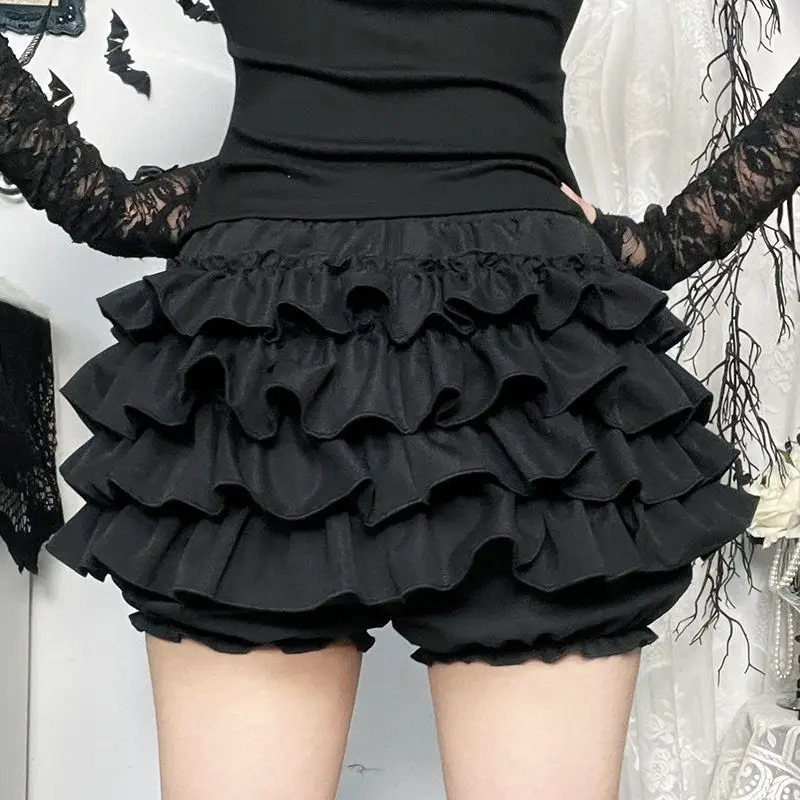 Women Skirts Tiered Ruffles Mini Skirt with Cross Charms Built-in Shorts Kawaii Sukapan Skort Gothic Punk Coquette Y2K E-girl