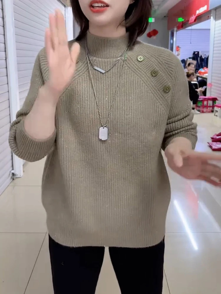 Thiened Fce f-High Collar Pure Color Button Base irt Sweater Women's Autumn Winter Faion Loose Knitted Top