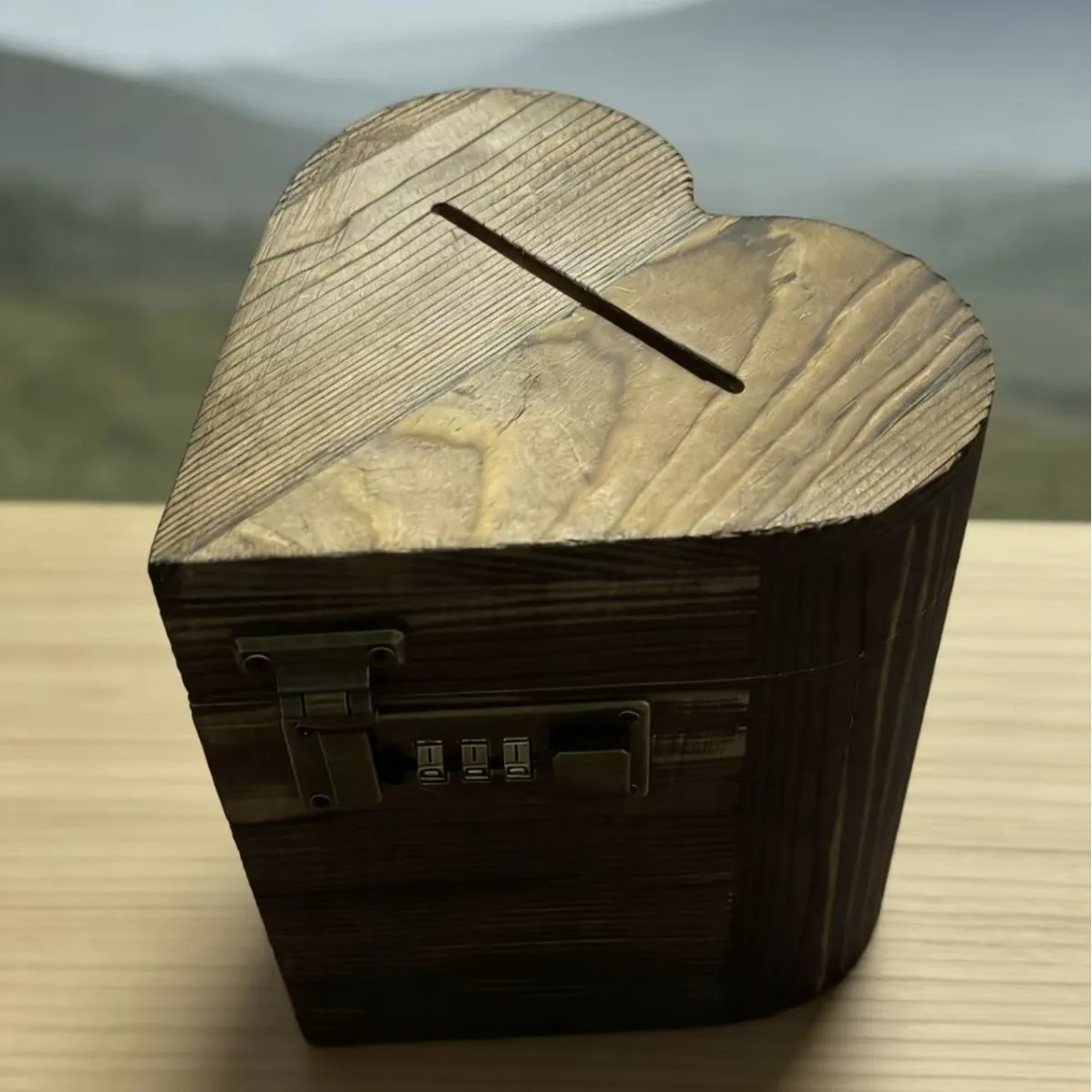 Retro Heart Shaped Wooden Password Lock Money Storage Box Lockable Adult Piggy Bank