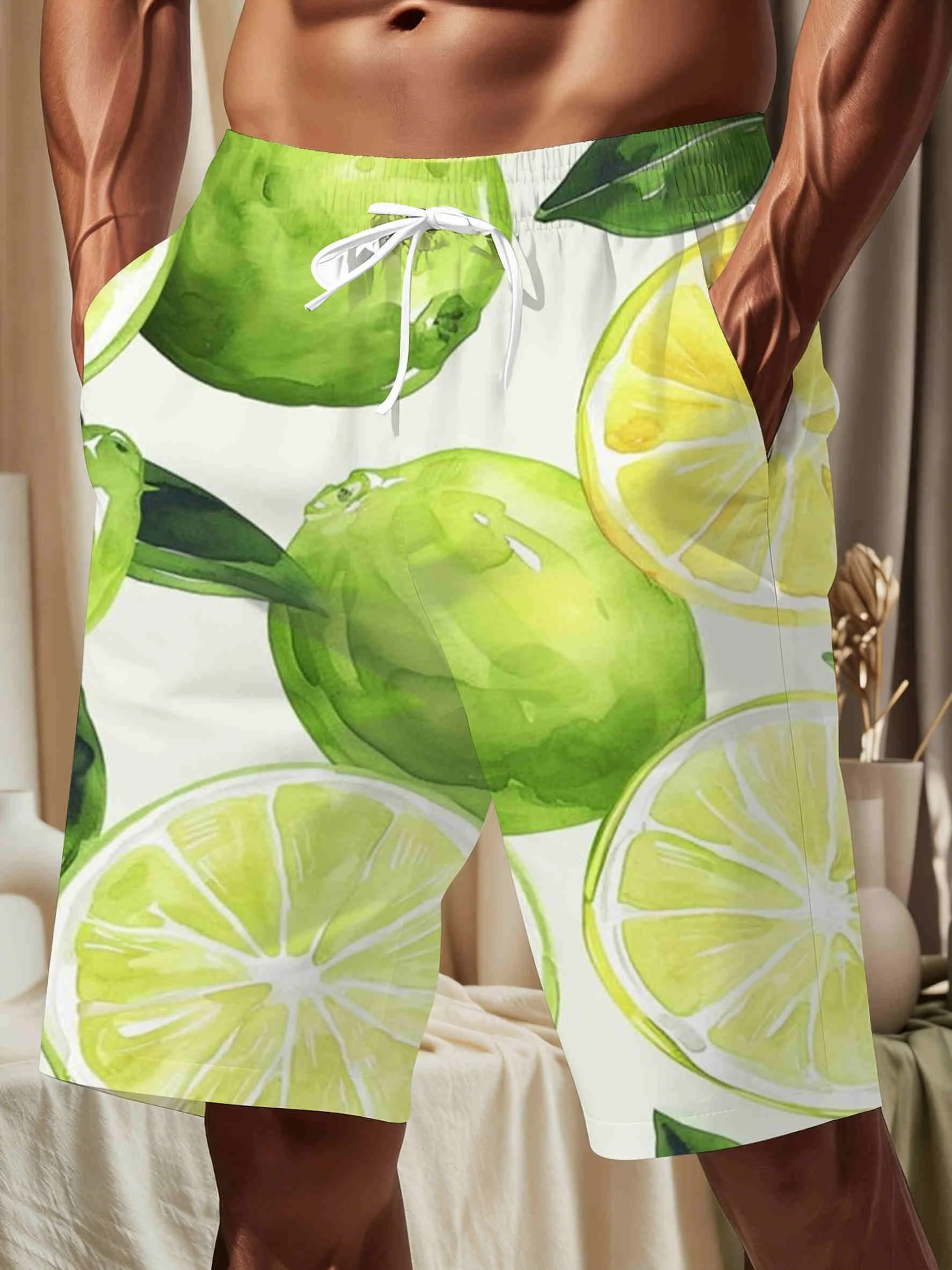 Mens Watercolor Lime Print Quick Dry Drawstring Summer Beach Swim Board Shorts 2026
