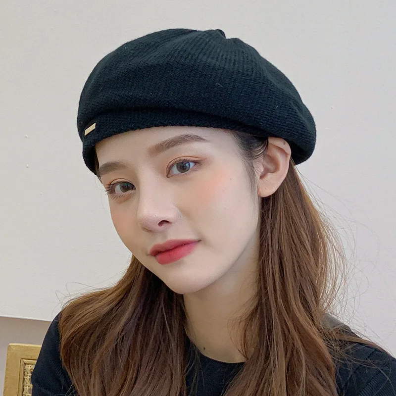 

AutumnWinter Casual Versatile Solid Color Wool Knitted Beret Outdoor Warm Hat Simple Painter Hat Women