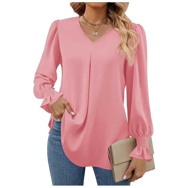 Women\'s New Solid Color Chiffon Shirt V-neck Pullover Flared Long Sleeved Shirt Pleated Orange Comfortable Casual Versatile Top