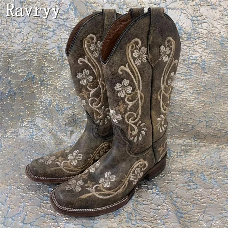 Designer New Women Square Toe Embroidery Cowboy Boots Vintage Style Brown Large Tube Thick Heels Mid Calf Boots