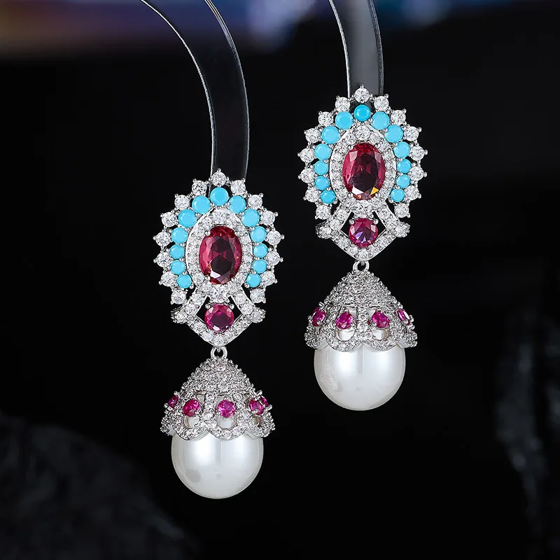 

blue pink zirconia earrings for women pearl drop pendant cute jewelry
