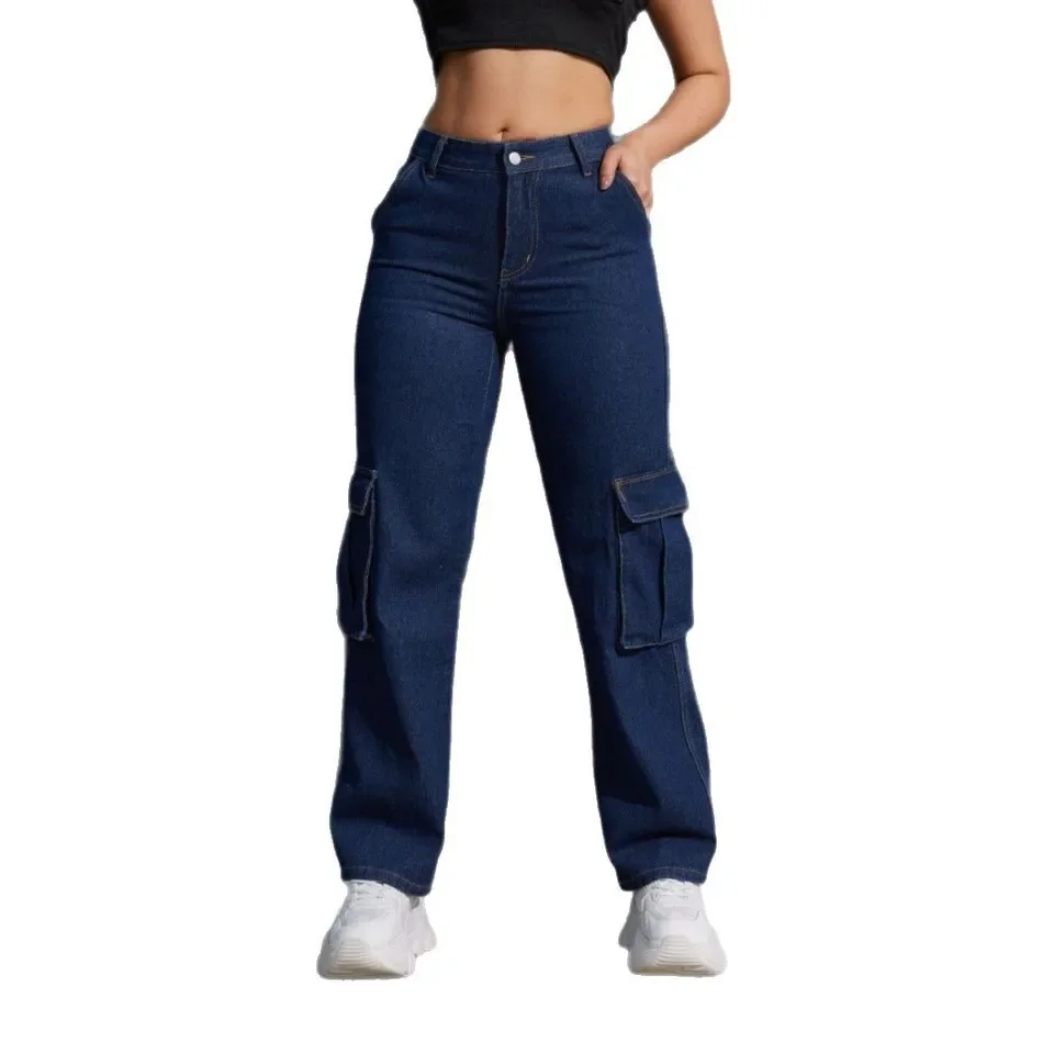 New Street Fashion American High-waisted Work Jeans. Women's Four-season New Fashion Flip Cover  Pocket Design Straight Leg Jean