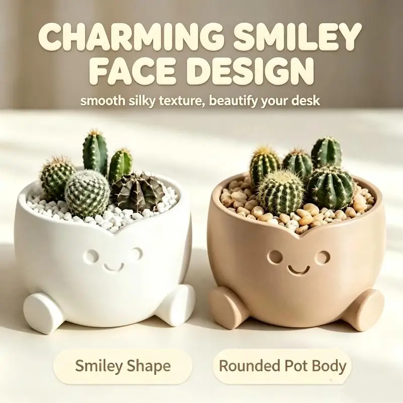 3D Printed Aesthetic Smiling Figure Planter Pot Mini Indoor Flower Pot for Desk Decor Small Plant Pot for Bedroom Living Room