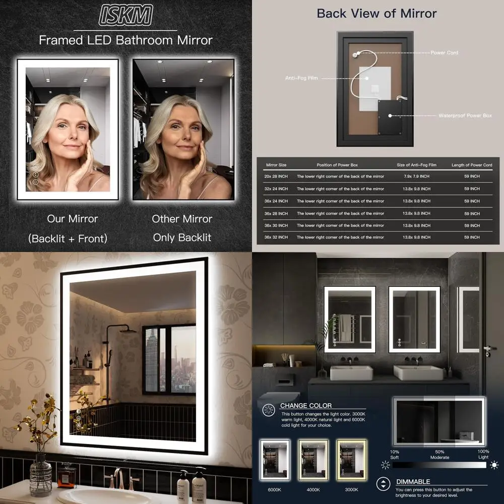 

Зеркало для ванной комнаты со светодиодной подсветкой 36x30, с регулируемой яркостью, противотуманная, 3-цветная подсветка, небьющееся с функцией памяти