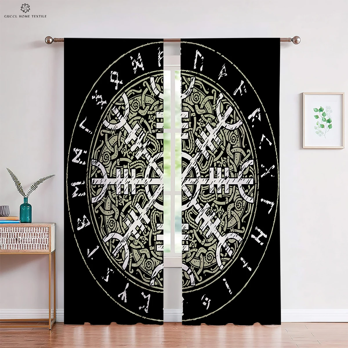 Retro Rune Pattern Dark Style Curtains, Viking Shield Print, Children's Room, Living Room, Kitchen Decoration, 2Pcs