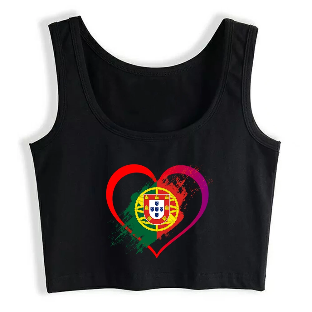 Portugal Nation Flag Graphics Heart Design Sexy Crop Top Women's Retro Patriotic Memorial Style Tank Tops Cotton Sports Camisole