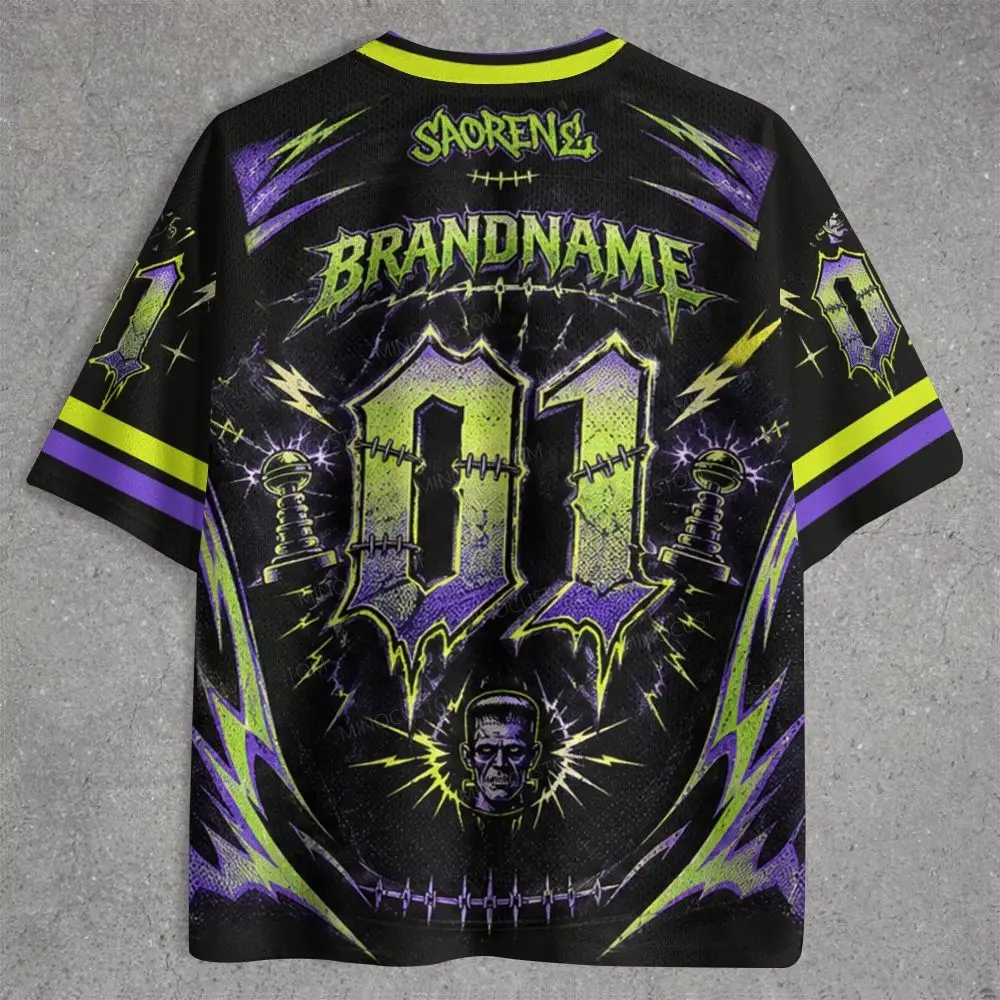2026 Men Retro Horror Monster Graphic Jersey,Frankenstein Inspired Lightning 3D Print V‑Neck Short Top,Halloween Streetwear Tee