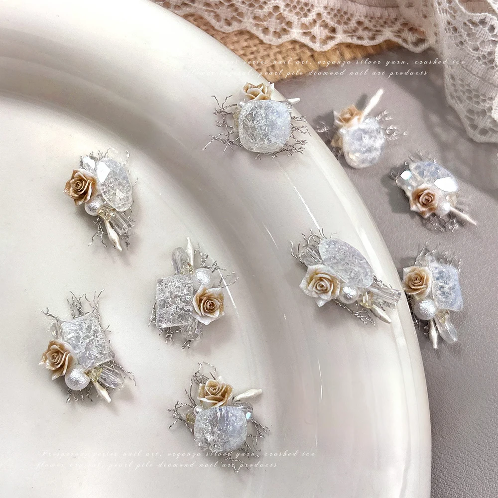 2/3 Stuks Organza Mesh Kant Camellia Bloem Strass Nail Art Met Luxe Vet Vierkant/Ovaal Kristal nagel Charme DIY Bruid Nagel Onderdelen