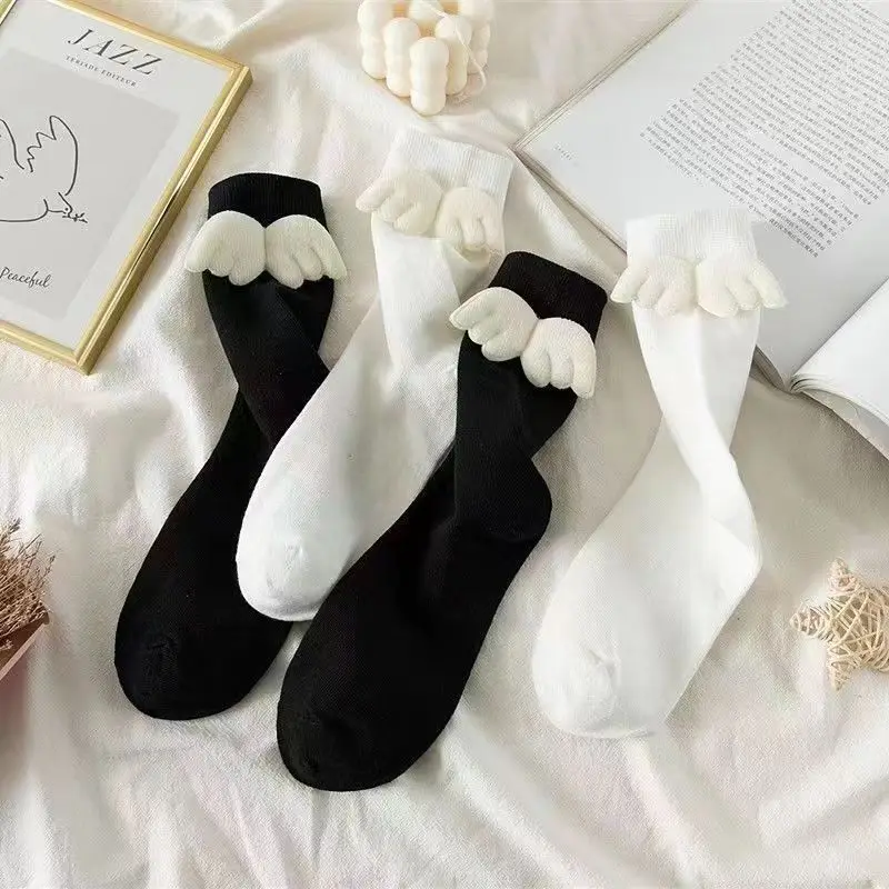1/2 Pair Women Black White Three-Dimensional Wing Mid Tube Socks Fashionable Jk Lolita Style Comfortable All Season Casual Socks