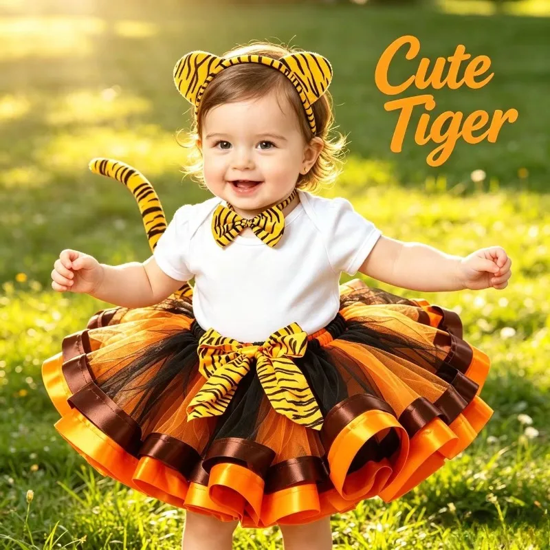 Little Girls Tiger Print Ballet Tutu Skirt, Daily Double-layer Tulle Midi Skirt, Toddler Festival Stage Performance Costume