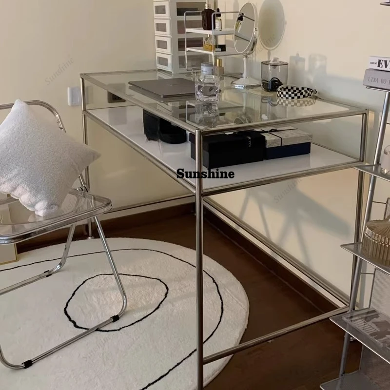 Light luxury glass office, computer desk, studio desk stainless steel tube