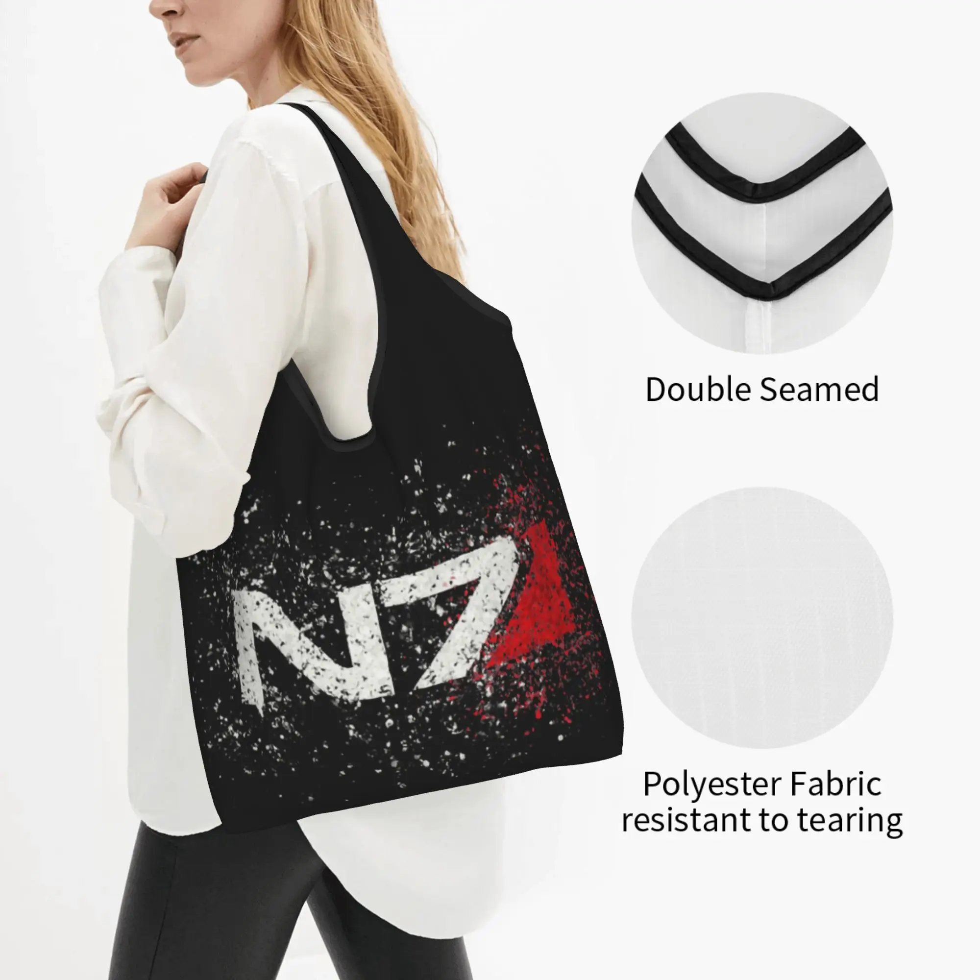 Custom Classic Mass Effect N7 Splatter Shopping Bags Portable Big Capacity Grocery Military Video Game Lover Tote Shopper Bags