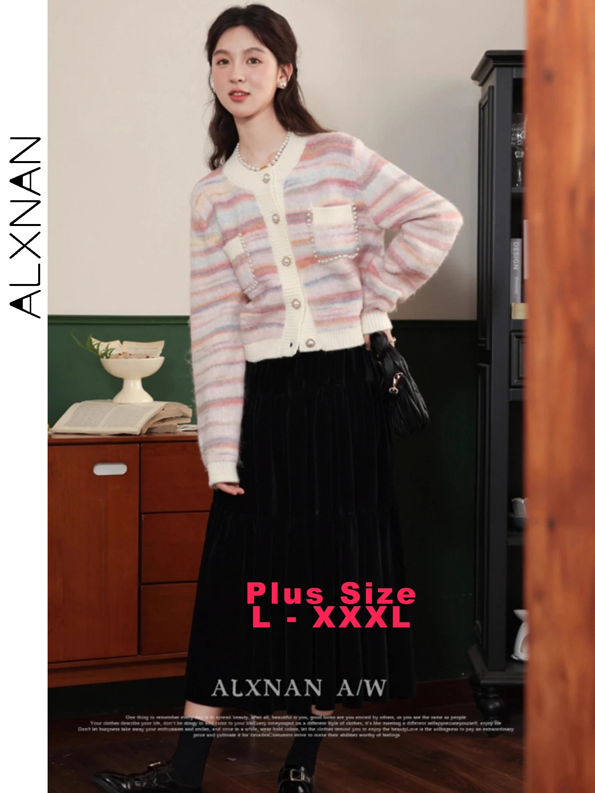 ALXNAN Plus Size Black Skirt Corduroy High-quality Elegance Casual Woman Skirt Autumn Winter Casual Travel Long Skirt DM00502BSQ