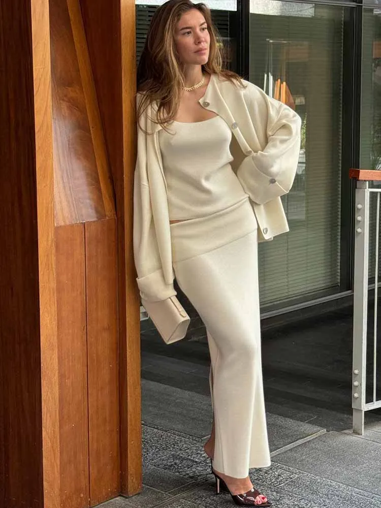 BKQU Elegant Knitted Dress Set Women Button Cardigan+Sling Vest+Long Skirt 3 Piece Set Female Autumn Warm Sweater Outfits 2025