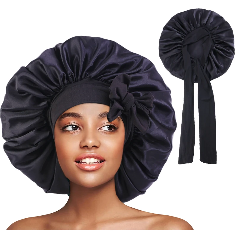 New Large Satin Bonnet Silky Night Sleeping Cap Satin Bonnet With Head Tie Band Bonnet Lace Up Shower Cap Curly Braid Hair