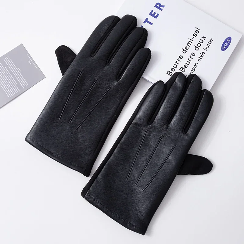 High-quality Men's Leather Gloves Winter Business Windproof Keep Warm Touch Screen Driving Guantes Autumn Male Black Gloves