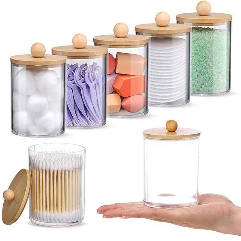 Cotton Swab Storage Box Round Ball Bamboo Lid Makeup Remover Cosmetic Cotton Storage Box Acrylic Round Transparent Storage Case