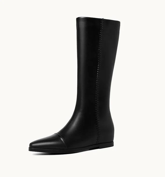 Genuine Leather Women's Boots Pointed Toe Flat Sole Side Stitch Detail Elegant Minimalist Design Autumn Winter Fashion Footwear
