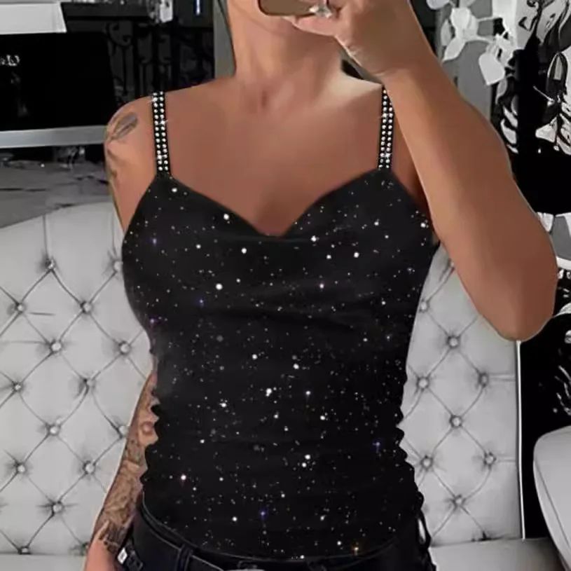 Women's Top 2025 Women's Summer Strap Hot Diamond V-neck Sleeveless Silver Sprinkle Slim Fit Versatile Casual Tank Top