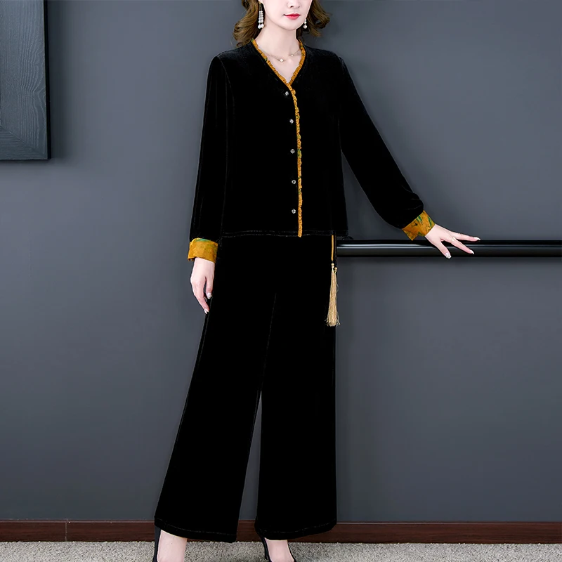 Women Black Velvet Suit 2022 Spring Fashion Pullover Tops And Full Pants Two Piece Set 5XL Female Velvet Pants Set