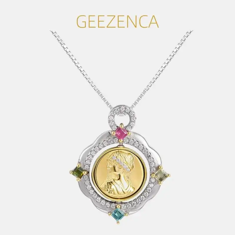

GEEZENCA, серебро 925, двухтональный турмалин с кубическим цирконием, вращающийся диск камеи, женское изящное модное ожерелье, кулон без цепочки
