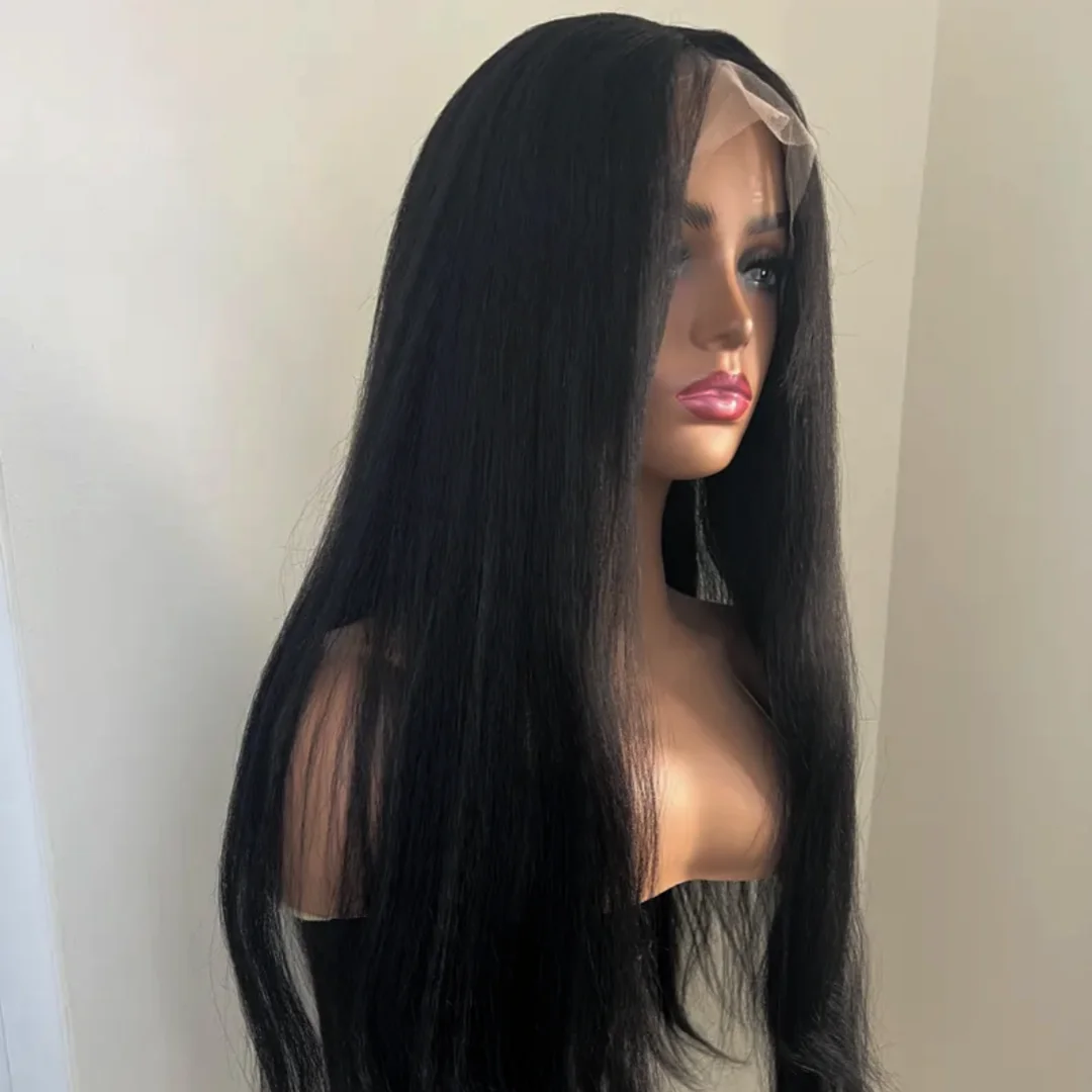 Natural Black 28Inch Long Glueless Kinky Straight Yaki Soft Lace Front Wig For Women With Baby Hair Preplucked Daily