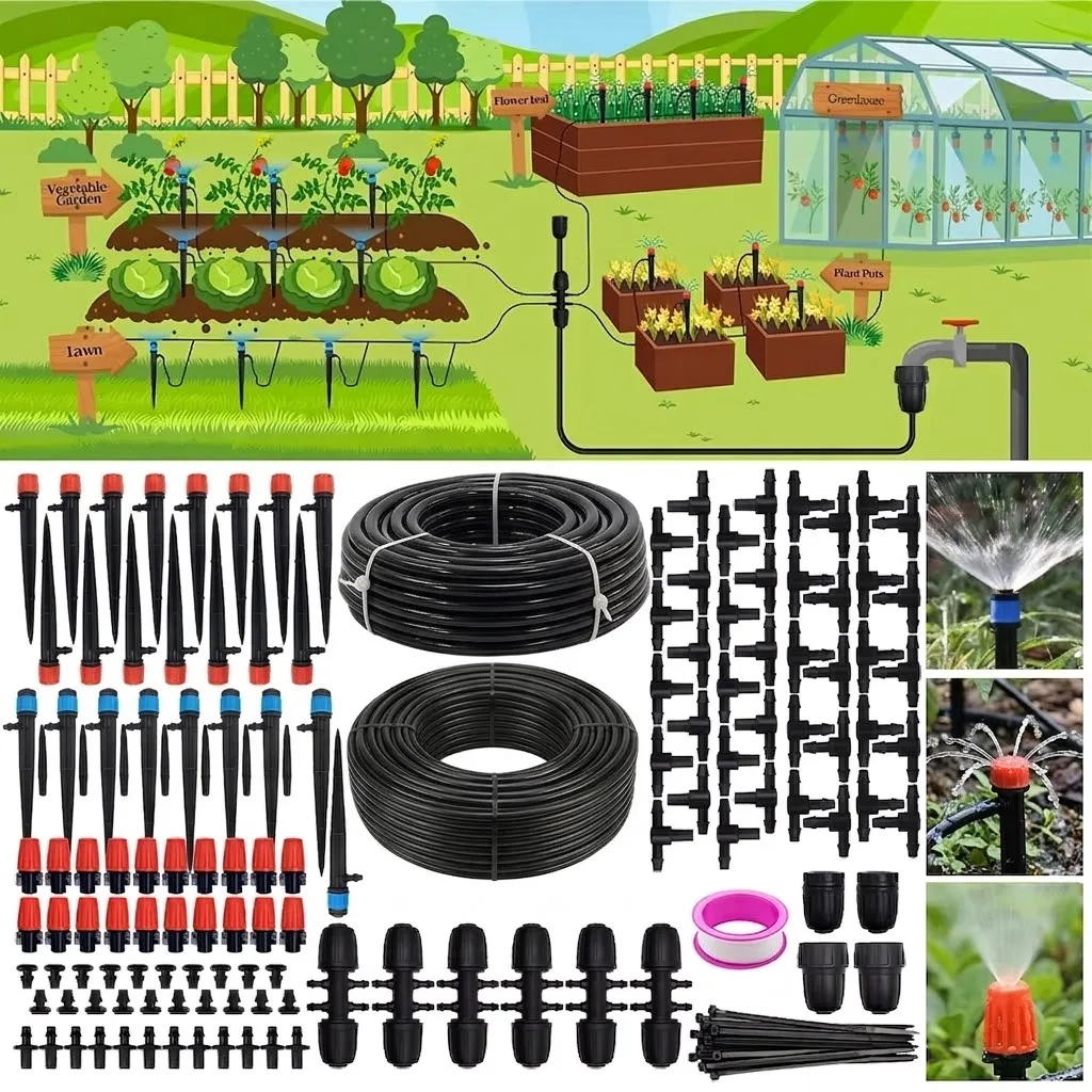 Complete Automatic Drip Irrigation Kit 240FT System with 1 2 inch Hose 1 4 inch Distribution Tubing All Necessary Accessories