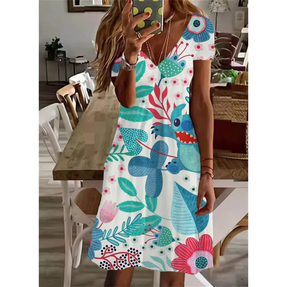 Modisches Design New Y2K Sommer Damen Disney Lilo & Stitch Print Kleid knielangen V-Ausschnitt weiblich lässig elegantes Kleid