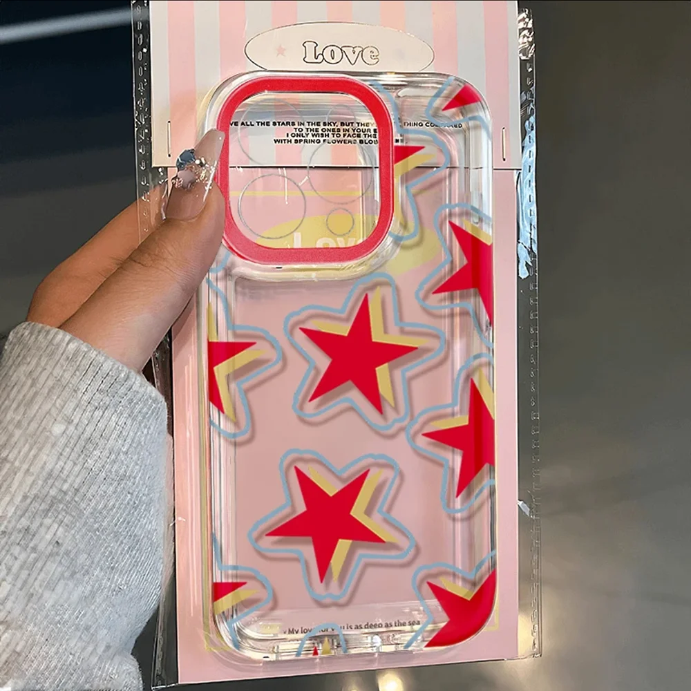 Ins Korea Red Stars Phone Case For iPhone 16 15 14 13 12 11 Pro Max Mini X XS SE 7 8 Plus 16E Shockproof Transparent Cover Funda