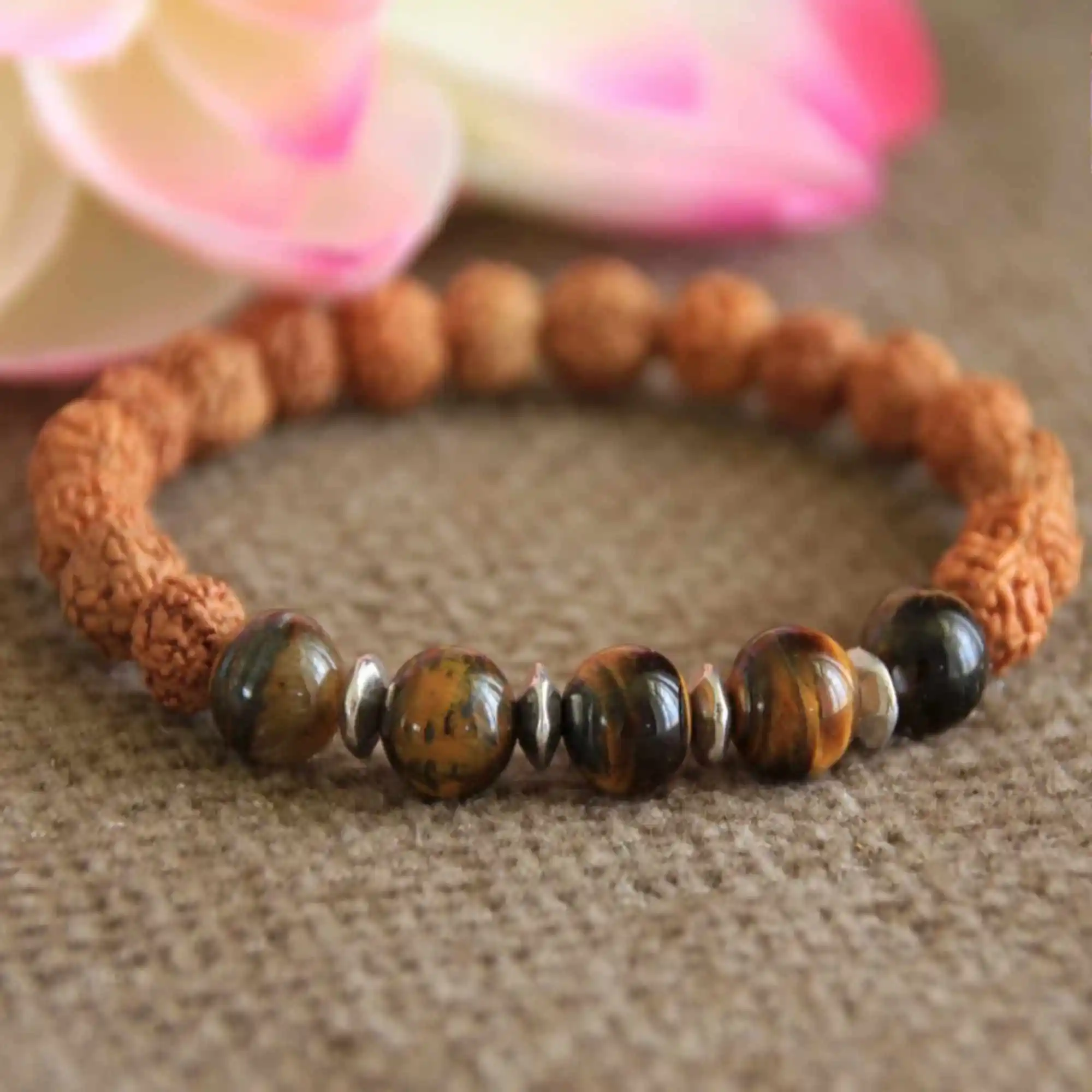 8mm Natural Tiger's Eye Rudraksha gemstone beads Bracelet Jasper Bless Restore Seven Chakras Yoga Handmade Christmas Taseel