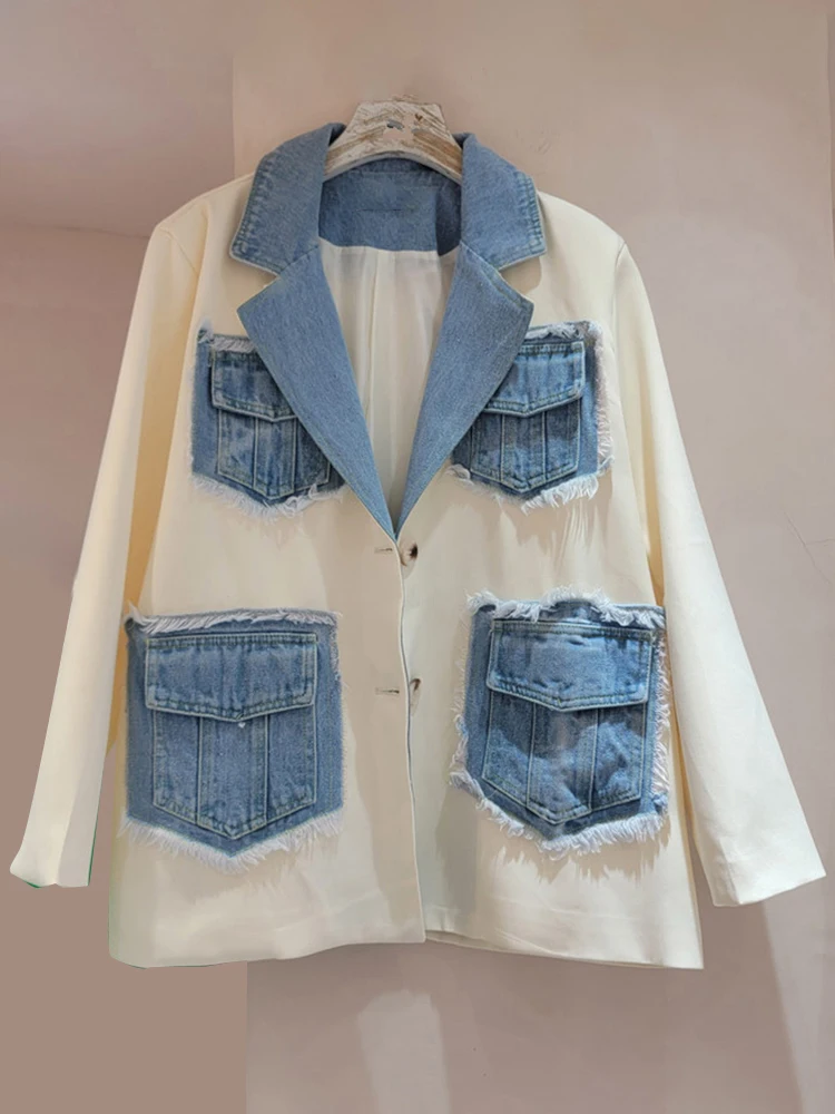 Women Blue Black Contrast Color Patchwork Denim Jackets Notched Collar Blazers Coat Long Sleeve OL Suits Jacket Cardigan Outwear