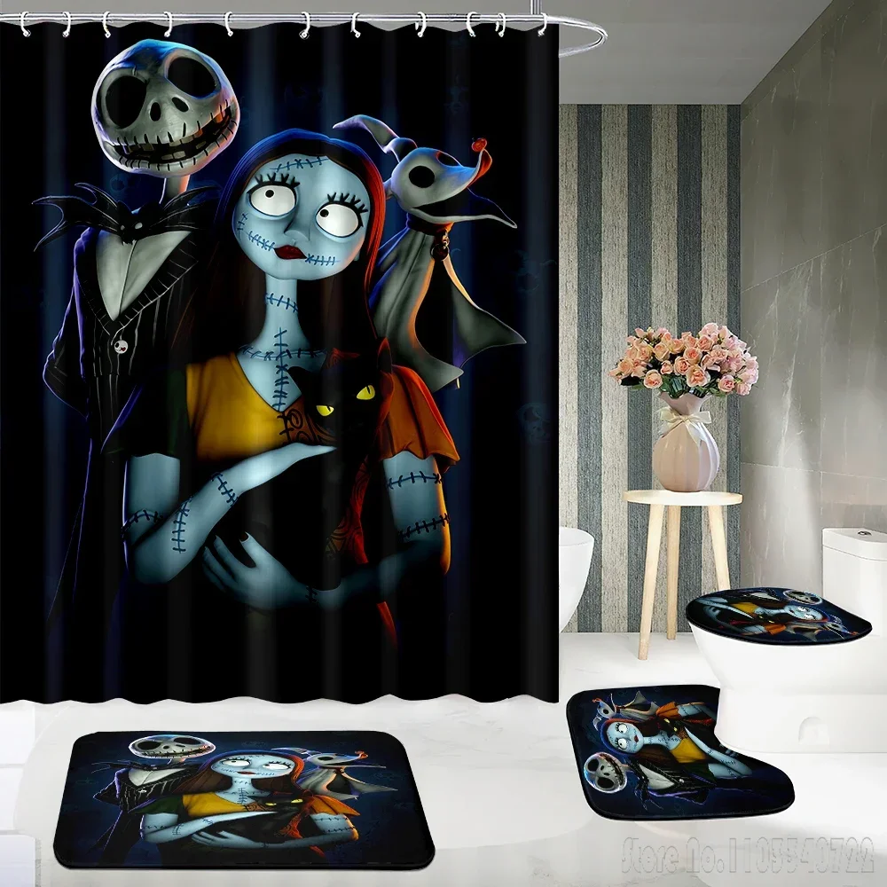 Disney Nightmare Before Christmas Bath Shower Curtain Set 4pcs with Hooks Cartoon Decor Bathroom Toilet Mat Lid