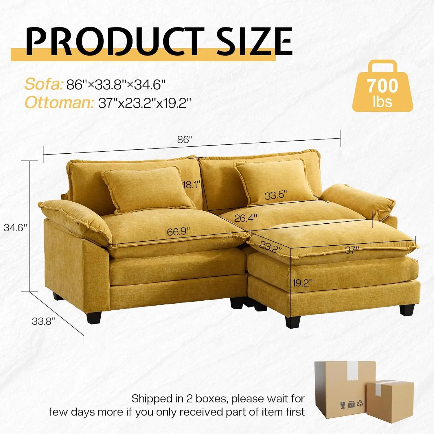 86-Inch 2-Seat Sectional Sofa with Ottoman Chenille Fabric, Customized
