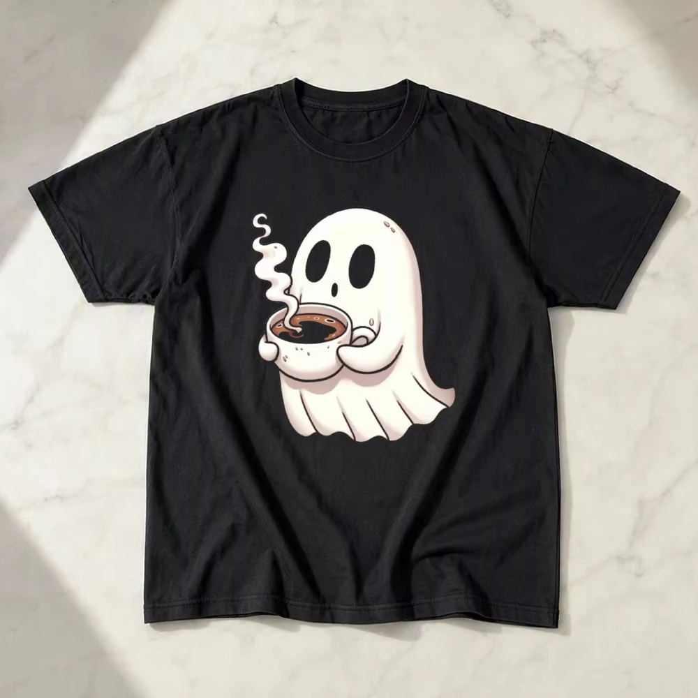 Spooky Ghost Holding Coffee Woman Streetwear Top Halloween Cute Graphic Tee Fall Cafe Shirt Preppy Style Casual Daily Wear