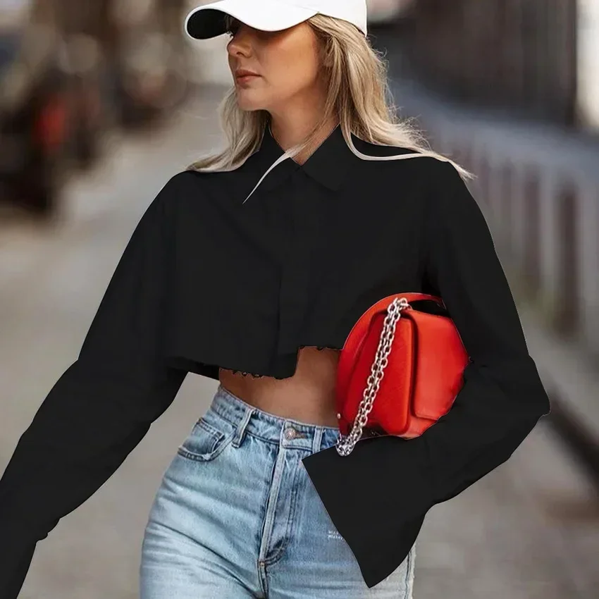 

Women's Long Sleeve Button Up Shirts, Cotton Blouse, Short Streetwear, Casual Tops, Spring Summer OL Style, Korean Fashion Cloth